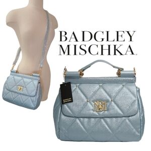 Badgley Mischka Metallic Blue Big Diamond Quilting with Studs Bag NWT